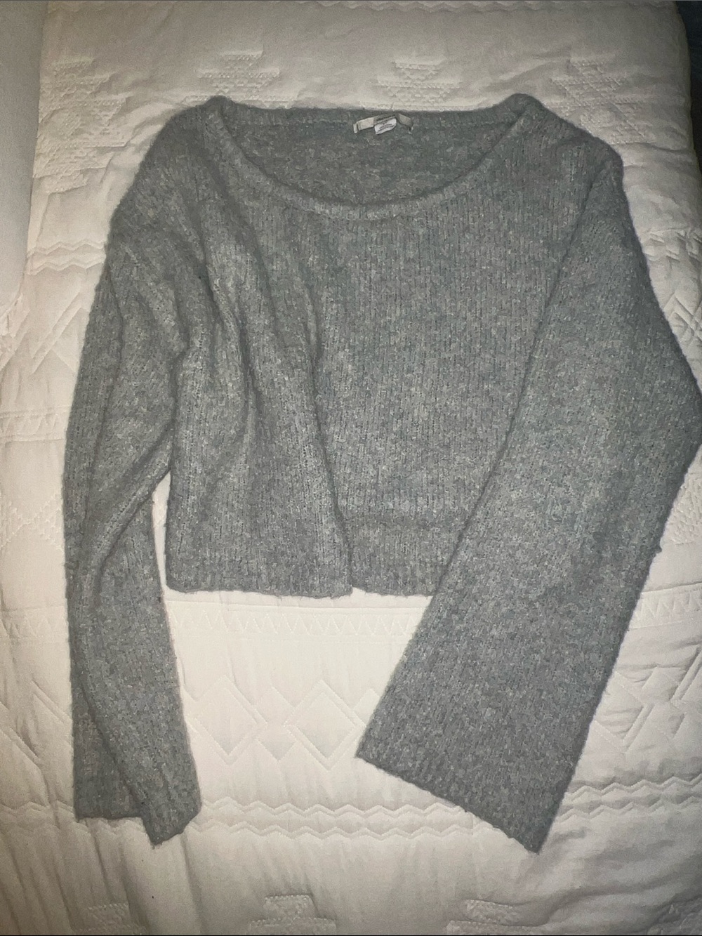 Kimchi Blue Urban Off-the-Shoulder Cropped Knit Sweater in Light Blue Blend